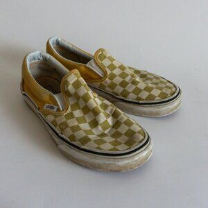 White Yellow checkerboard women’s Vans sz 6.5, men’s 5.0 Loafer Slip on sneakers